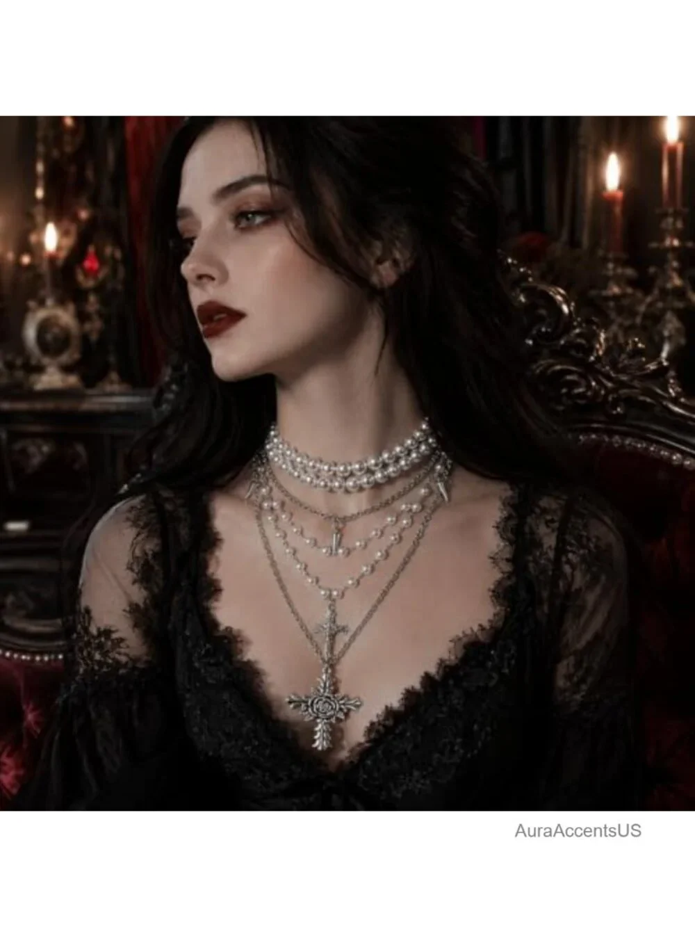 Layered Pearl Necklace Women Gothic Cross Pendant Punk Alternative Statement